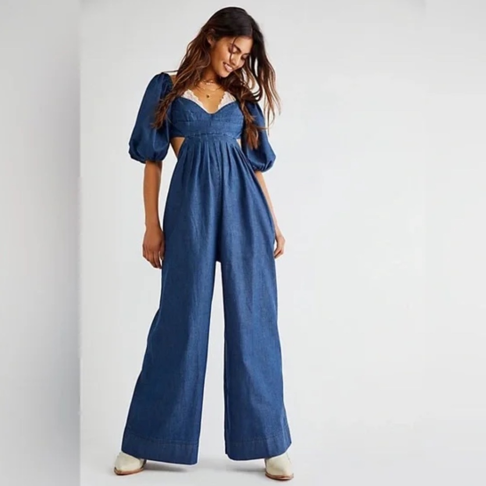 Free People Amy denim wide leg jumpsuit XS